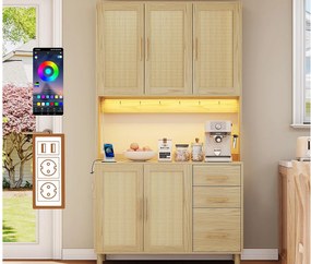 Kredens kuchenny 100×40×183 cm - z USB i gniazdkiem - z oświetleniem LED - 5 drzwi i 3 szuflady - naturalny
