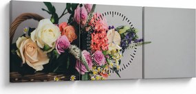 Obraz kosza z kwiatami (z zegarem) (90x30 cm)