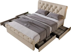 Łóżko tapicerowane w tkaninie lnianej - 140x200cm - z 2 szufladami - regulowane wezgłowie - Jasny naturalny