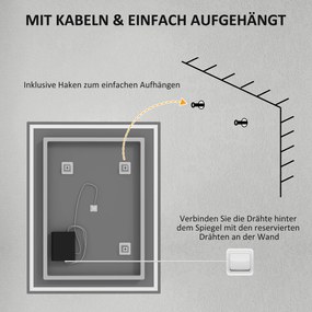 HOMCOM Lustro łazienkowe z oświetleniem 90x70 cm, LED, Wandspiegel z funkcją pamięci, 3 kolory światła, Srebrne