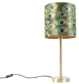Lampa stołowa w stylu botanicznym z mosiężną podstawą i abażurem w kolorze pawia 25 cm - Simplo ArtDeco Oswietlenie wewnetrzne