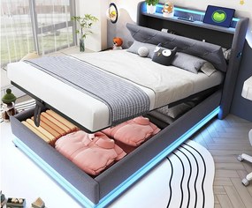 Tapicerowane łóżko dziecięce z pojemnikiem 90x200 cm – z oświetleniem LED – z portem USB – otwierane wezgłowie – len – szare