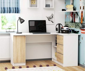 Biurko narożne AKORD B20 Białe 155 cm prawe 1 drzwi 3 szuflady kolor Dąb Sonoma mat 4 półki 155x85x77 cm
