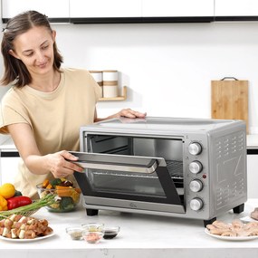 HOMCOM Minipiekarnik 32 l elektryczny piekarnik mini trzy poziomy z płytami grzewczymi kolor srebrny