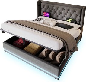 Łóżko tapicerowane 160 x 200 cm z tkaniny bawełnianej - z funkcją ładowania i LED u stóp łóżka - Szare