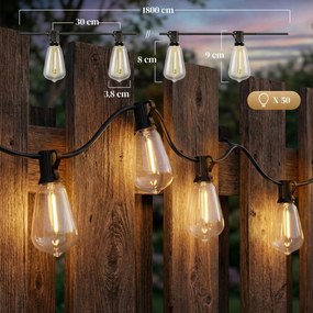 HOMCOM 50 LED Łańcuch Świetlny, 18 m Łańcuch do Połączenia, IP44 Wodoodporny, Dekoracja Wewnętrzna i Zewnętrzna | Aosom PL