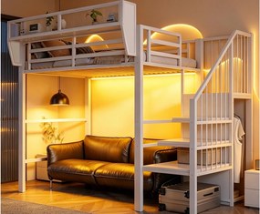 Łóżko piętrowe 90 × 200 cm - z oświetleniem LED - z drabinką bezpieczeństwa - z przestrzenią do przechowywania - biały (materac nie w zestawie)