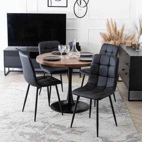 Zestaw Stół Okrągły LINO 100 cm Dąb Rustykalny/Czarny i 4 Krzesła DALVIN Czarne Ekoskóra Nowoczesne Loft