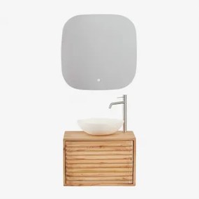 Zestaw Wiszących Mebli Łazienkowych 60x45 Cm Z Drewna Deleyna Naturalna & Cement Okrągły Biały Ø40 Cm Zavion & Kwadratowa Lampa Led I Przeciwmgielna 7