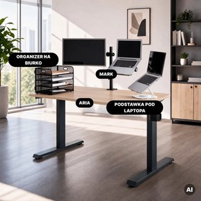 Biurko elektryczne z regulacją wysokości ergonomiczne antracytowe/dąb sonoma,1200x600 mm: ARIA