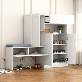 Szafka na buty 2 w 1 - 130 x 35 x 110 cm - z 3 drzwiami + ławka tapicerowana - płyta wiórowa - biała