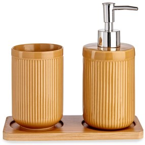Zestaw łazienkowy ceramiczny na bambusowej podstawce, dozownik + kubek