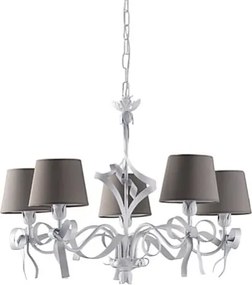 Lucy - biały lakierowany żyrandol z żelaza, dekor shabby chic, klosze PVC w kolorze gołębioszarym Ø16 cm, elegancki styl, 5 świateł