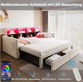 Rozkładana sofa dziecięca - 90/180 x 190 cm - zagłówek z pojemnikiem + diody LED + gniazdka - z 2 szufladami - aksamitna - beżowa