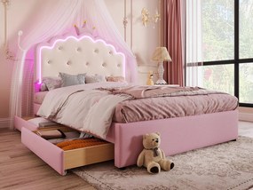 Łóżko tapicerowane 140x200cm w skórze ekologicznej - z LED + 2 szuflady i łóżko wysuwane 90x190cm - Różowe