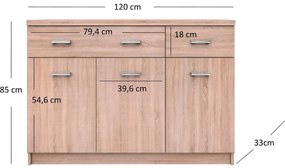 Komoda Trzydrzwiowa z Szufladami Drewniana do Salonu ELEGO 120 cm Dąb sonoma Nowoczesna