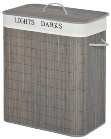 HOMCOM 100L Kosz na pranie z 3 uchwytami, z pralnym workiem na pranie, Bambus, Poliester, Bawełna, Metal, 52 x 32 x 63 cm, Szary