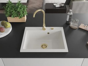Mexen Elix zlewozmywak granitowy 1-komorowy 600 x 500 mm, biały, syfon złoty - 6525601005-20-G