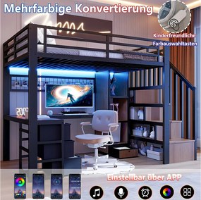 Łóżko piętrowe dla dzieci - 90 x 200 cm - rama żeliwna - z 4 szufladami + półka + drabinka + diody LED + biurko - metalowe - czarne