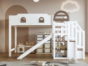 Łóżko mezzanine 90x200cm - z oknem - ze zjeżdżalnią - schody z poręczą - drewno lite + MDF - biały + brązowy