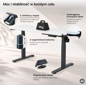 Biurko elektryczne z regulacją wysokości ergonomiczne antracytowo-białe, 1400x700 mm: ARIA