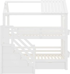 Łóżko piętrowe dla dzieci 90x200cm - z schodami do przechowywania + 2 szuflady + półki - z drewna sosnowego i MDF - Białe