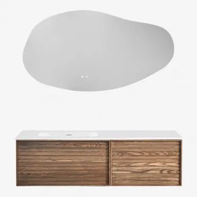 Drewniany Zestaw Mebli Łazienkowych Solea Ze Zintegrowaną Umywalką Naturalna & Nieregularna Dioda Led I Funkcja Przeciwmgielna 140 X 75 Cm - Sklum