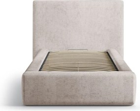 Beżowe tapicerowane łóżko jednoosobowe ze schowkiem i stelażem 90x200 cm Amy – Micadoni