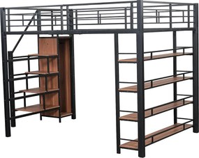 Łóżko mezzanine 140x200 cm - z małą szafą i półkami do przechowywania - Czarny