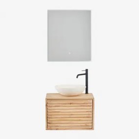 Zestaw Wiszących Mebli Łazienkowych 60x45 Cm Z Drewna Deleyna Naturalna & Cement Okrągły Biały Ø40 Cm Zavion & Prostokątna Lampa Led I Przeciwmgielna