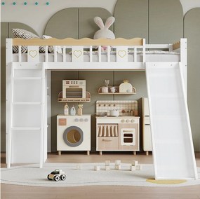 Łóżko piętrowe dla dzieci - 90 x 200 cm - ze zjeżdżalnią + szafa + półka - sosna + MDF - białe