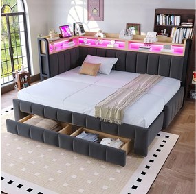 Łóżko wysuwane 90 x 200 cm z możliwością rozłożenia do 180 x 200 cm z 2 szufladami, oświetleniem LED, portami USB i Type-C - Aksamit + metal + MDF - Ciemnoszary