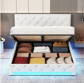 Beżowe tapicerowane łóżko podwójne 160x200 cm z hydraulicznym schowkiem, regulowanymi LED RGB i regulowanym zagłówkiem