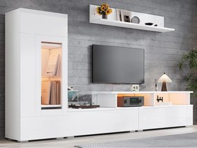 Zestaw mebli TV 3 części - meble TV + witryna + półka ścienna - z oświetleniem LED - wykończenie lakierowane błyszczące - biały