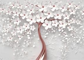 Obraz na szkle - Obraz na szkle białego drzewa z kwiatami, rosegold (70x50 cm)