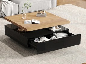 Kwadratowy stolik kawowy obrotowy 360° - 70x70x36cm - 1 szuflada - Konstrukcja dwupoziomowa - Czarny + kolor naturalny