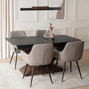 Zestaw Stół Rozkładany Ceramiczny ALICANTE 160-200 cm Czarny/Orzech i 4 Krzesła Tapicerowane EDRICK Brązowe