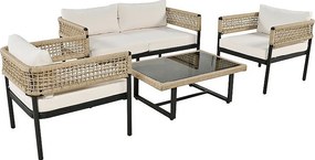 Modułowy zestaw mebli ogrodowych z ocynkowanej stali, ozdobiony sznurkiem - 4 miejsca - 1 sofa, 2 fotele i 1 stolik kawowy - Beżowy
