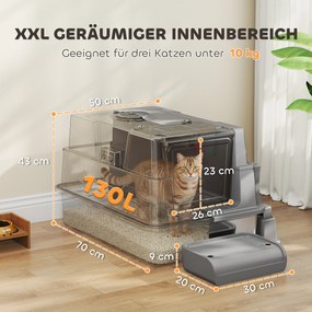 PawHut Kuweta dla kota XXL ze stali nierdzewnej 130L z pokrywą otwieraną 180°, wysokimi ściankami, łopatką i stopniem, 70x50x43 cm, szara | Aosom PL