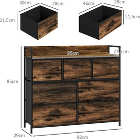 HOMCOM Komoda z 7 Szufladami z Tkaniny, Design Industrialny, Stalowa Rama, 98x29x85cm, Brąz/Czarny