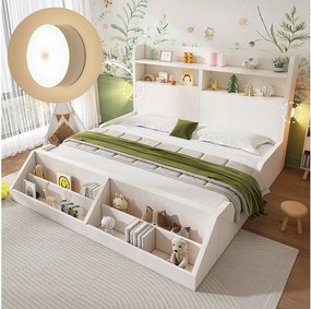 Łóżko dziecięce - 140 x 200 cm - z zagłówkiem ze schowkiem + wyjmowaną półką + stelażem - drewno - białe