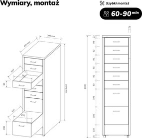 Szafka kartotekowa na kółkach, metalowa, 8 szuflad, na dokumenty, czarna, 300x1100x600 mm: SARA V8