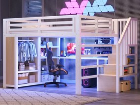 Łóżko antresolowe metalowe 160 x 200 cm - LED i port USB - Biurko, otwarta szafa i drabinka do przechowywania - Biały (bez materaca)
