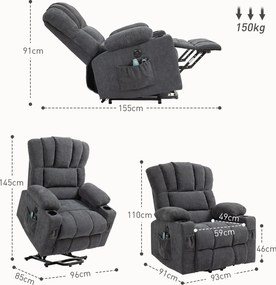 HOMCOM Elektryczny Fotel Powstańczy z Masowaniem i Podgrzewaniem, Złączami USB, Uchwytami na Kubki, Ciemnoszary