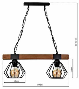 Lampa, podwójna, loft, czarna, drewno wisząca ULF BLACK/WOOD 2xE27