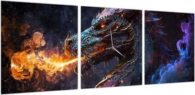 Obraz - Smok plujący płomieniami (z zegarem) (90x30 cm)