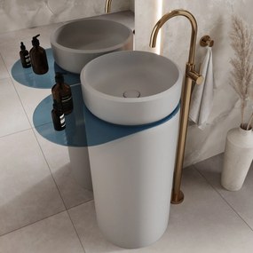 Umywalka z konglomeratu wolnostojąca okrągła z półką szklaną 85 x 40 cm RONA bez przelewu | Różne kolory półki : Kolor szkła - Niebieski, Kolor umywalki RONA - Szary matowy, Podłączenie syfonu - Do podłogi, Półka - Szklana