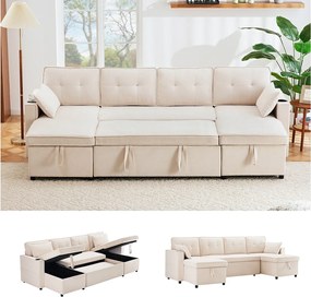 Sofa rozkładana w kształcie litery U - 270 x 130 x 86 cm - 4 miejsca - z uchwytem na kubek + schowkiem - bawełna + len - beżowa