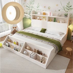 Łóżko dziecięce - 140 x 200 cm - z zagłówkiem ze schowkiem + wyjmowaną półką + stelażem - drewno - białe