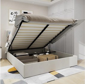 Łóżko ze schowkiem 140x200 cm z oświetleniem LED, drewniany stelaż z listew - beżowy aksamit (bez materaca)